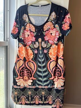 Black Scoop Neck Floral Print Dress with Orange & Pink Accents
